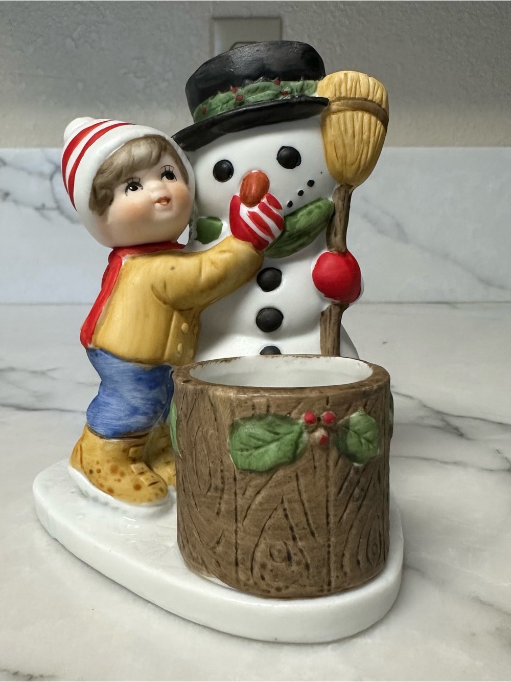 Jasco 1979 Luvkin Friends Porcelain Christmas Snowman Boy Figurine Candle Holder